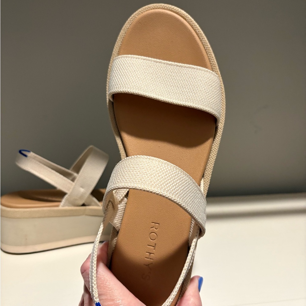 Rothy's Cream Platform Slingback Sandals with Blue Heel Tab - Picture 2 of 4